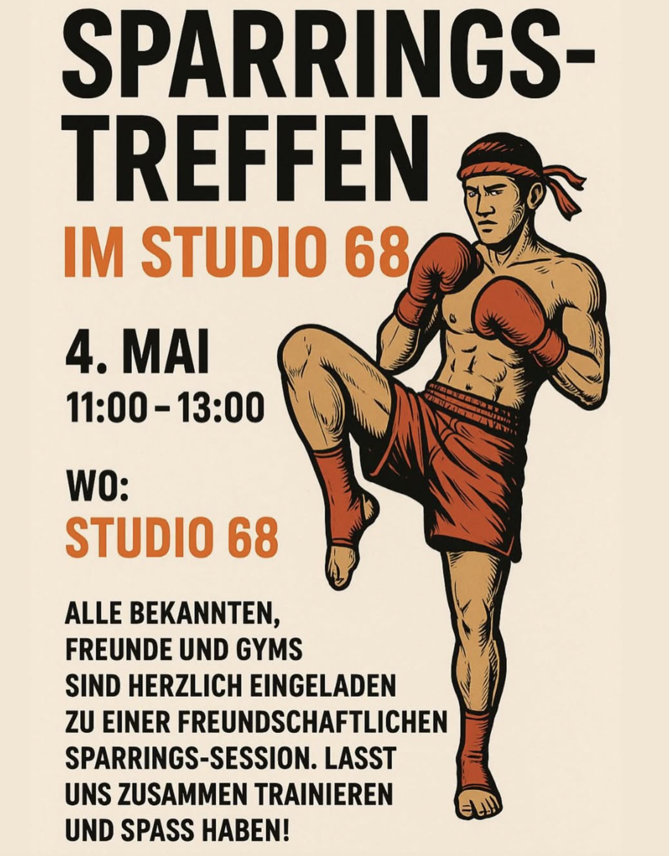 Jetzt anmelden zum Sparrings-Treffen bei Studio68 in Heddesheim! Offenes Kampfsport-Event für alle Freunde, Gyms und Levels – am 4. Mai von 11–13 Uhr. Fair trainieren & Spaß haben!